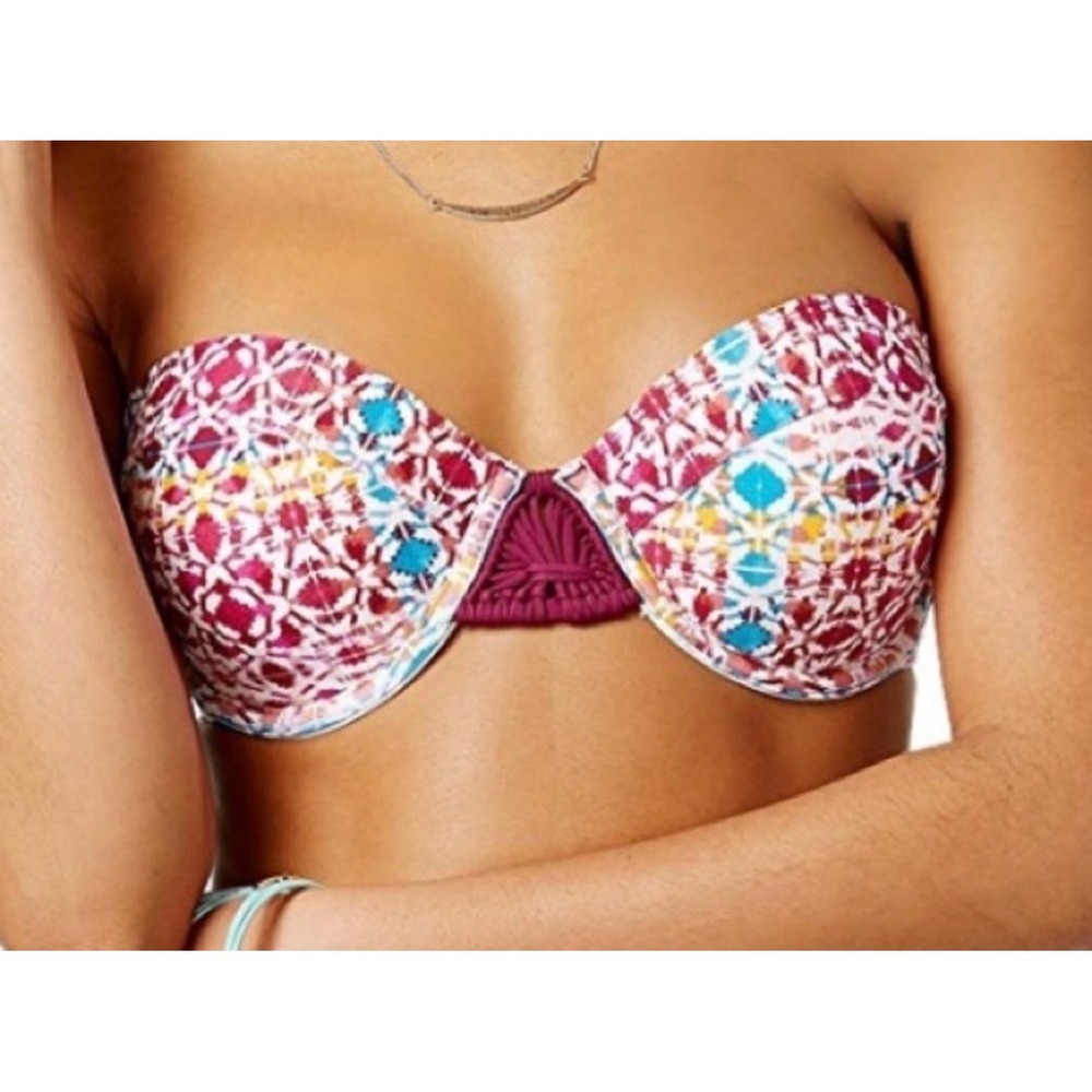 Hula Honey Womens Push-Up Bandeau Bikini Top Tribal Geometric Print Purple M